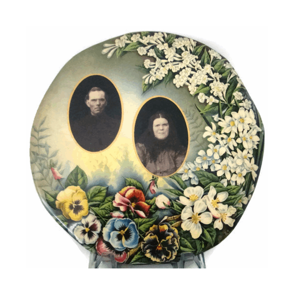 Antique Victorian celluloid marriage button, tin with floral design (c early 1900's) - Selective Salvage