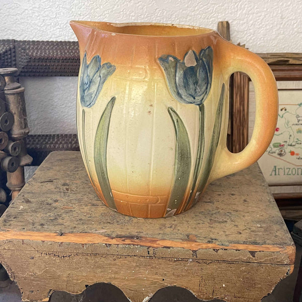 Farmhouse style Roseville pitcher, "Tulips" design (c early 1900s)