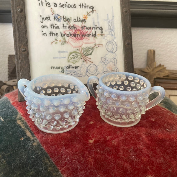 Fenton hobnail moonstone opalescent creamer & sugar set