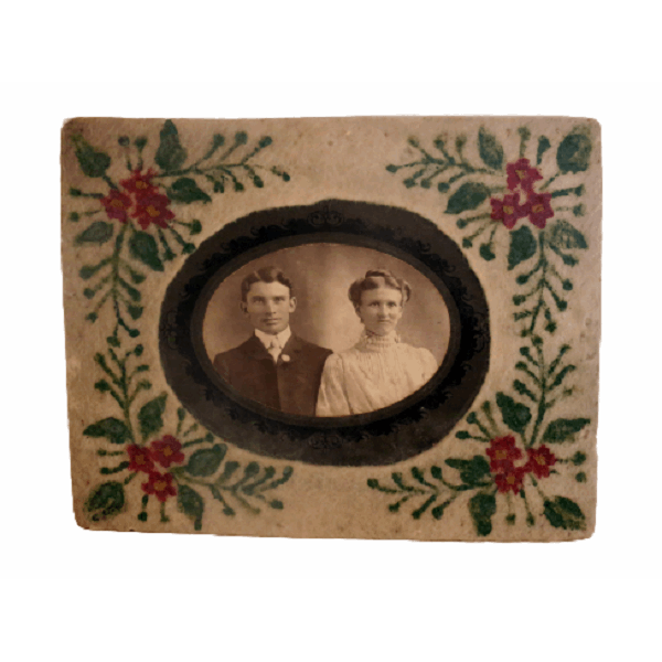 Antique photo of young couple in a hand painted fabric frame - Selective Salvage
