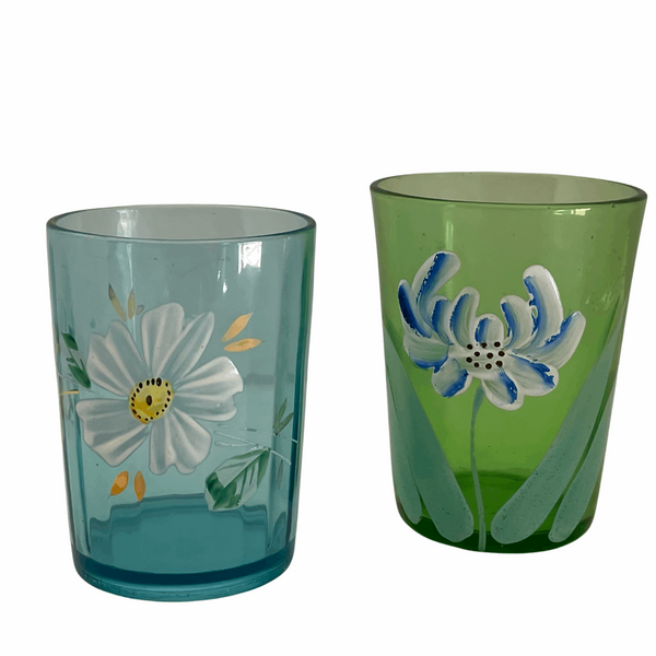 Two antique Victorian tumblers, hand painted, green and blue glass (c 1900s)