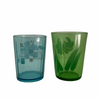 Two antique Victorian tumblers, hand painted, green and blue glass (c 1900s)