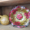 Antique painted Goofus glass bowl, wild rose design carnival glass (c 1900s) - Selective Salvage