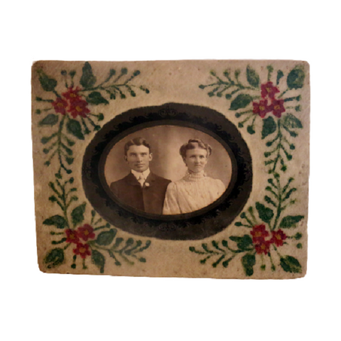 Antique photo of young couple in a hand painted fabric frame - Selective Salvage