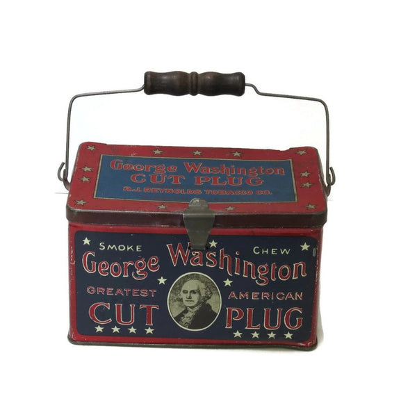 george washington tackle box hot dip tin Vintage Cut Plug lunch style Patriotic George Washington R J