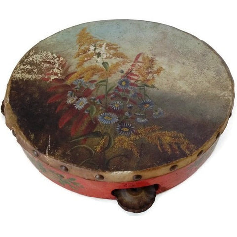 Antique  hand painted tambourine,  early American (c early 1900s) - Selective Salvage