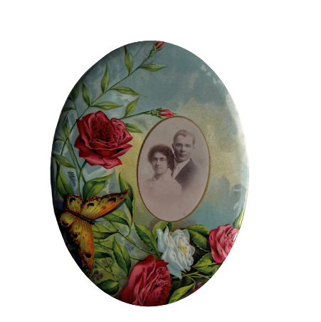 Antique Victorian oval marriage button, tin with butterfly design (c early 1900s)  Selective Salvage