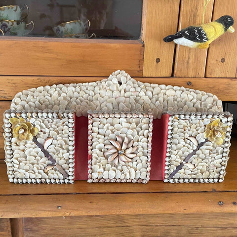 Antique OOAK shell art wall pocket c 1900s