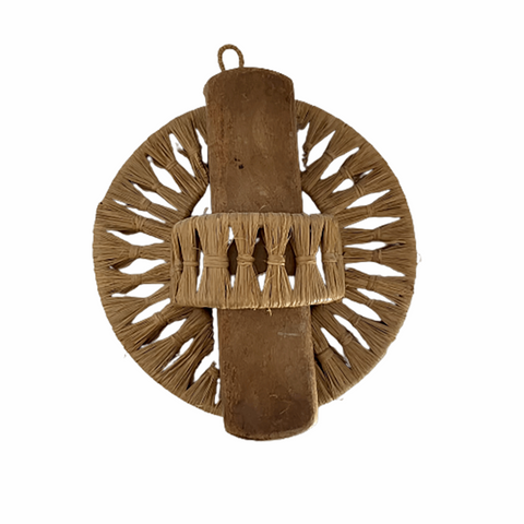 Antique clothes brush in hand woven raffia holder