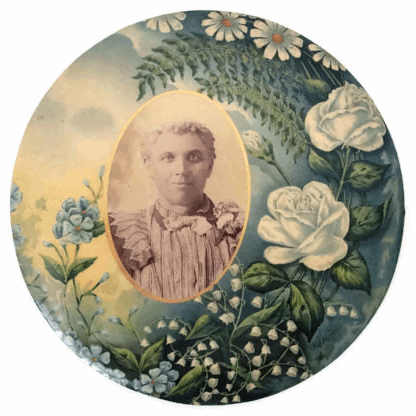 Antique Victorian celluloid mourning button, floral design on tin (c early 1900s) - Selective Salvage