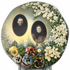 Antique Victorian celluloid marriage button, tin with floral design (c early 1900's) - Selective Salvage