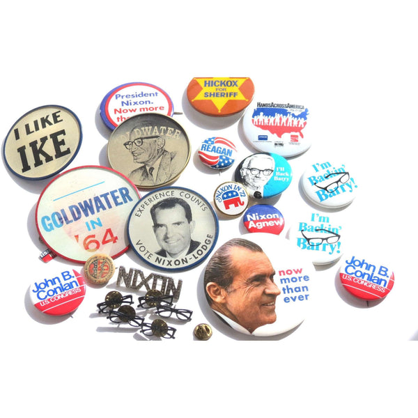 23 vintage political campaign buttons - Eisenhower, Nixon, Goldwater, Reagan - 60's & 70's - Selective Salvage