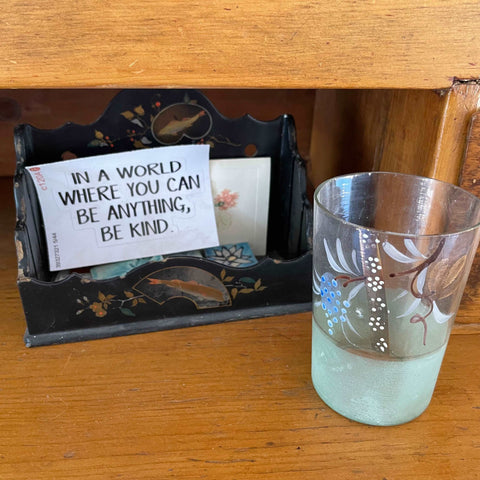 Antique Victorian pale green glass tumbler, hand painted (c 1900s)