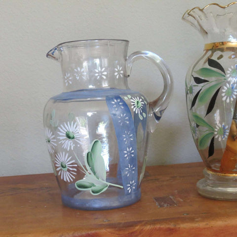 Antique hand painted glass pitcher, cottage style (c 1900s) - Selective Salvage