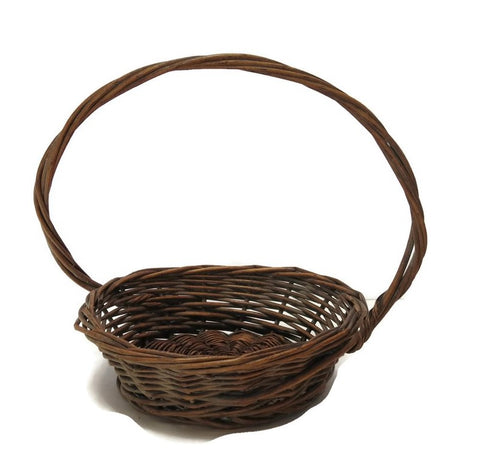 Vintage wicker woven gathering basket, American, offset twisted handle (c 1930s) - Selective Salvage