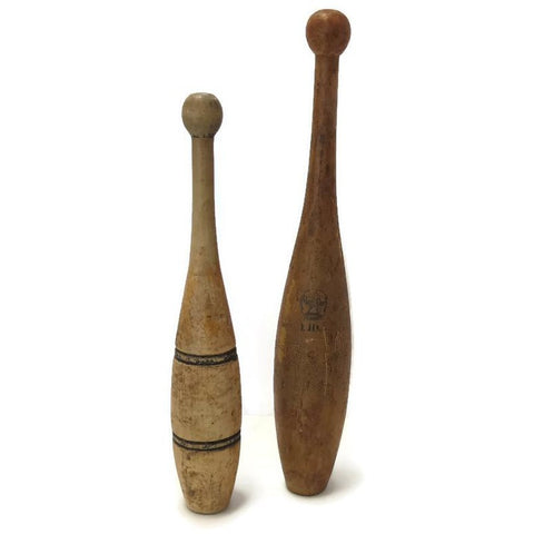 Vintage Indian clubs, qty 2 unmatched - 1 Medart, 1 unmarked (c 1920s) - Selective Salvage