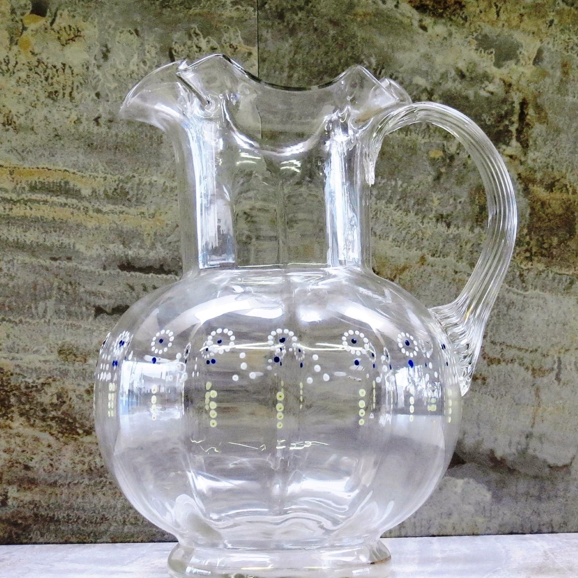 Antique fluted lip hand painted glass pitcher, fluted lip, cottage