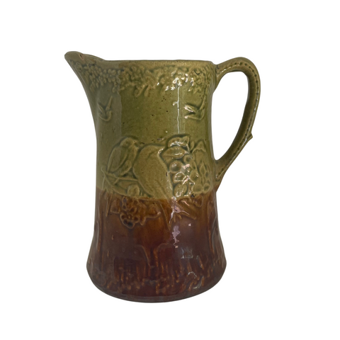 Salt glazed stoneware pitcher, lovebird design (c early 1900s) - Selective Salvage