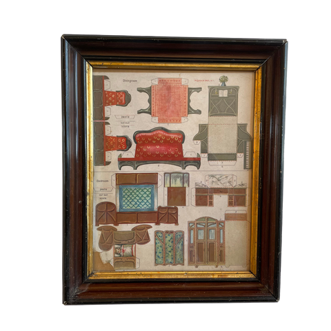 Antique uncut framed "McLoughlin Bros." paper doll furniture, dining room and bedroom (c late 1800s) - Selective Salvage