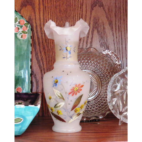 Vintage hand painted glass vase, fluted lip, floral design (c 1920s) - Selective Salvage