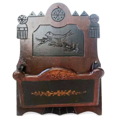 Antique OOAK folk art walnut wall box, hand carved bird detail (c 1900s) - Selective Salvage