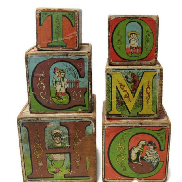Set of 6 antique Victorian paper covered stacking alphabet blocks (c 1890s) - Selective Salvage