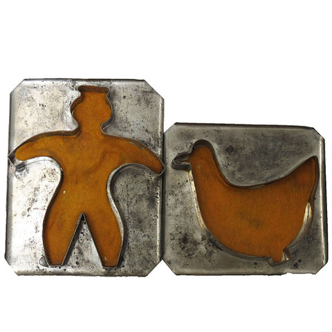 Two antique flat backed tin soldered cookie cutters, standing man and duck (c 1900) - Selective Salvage