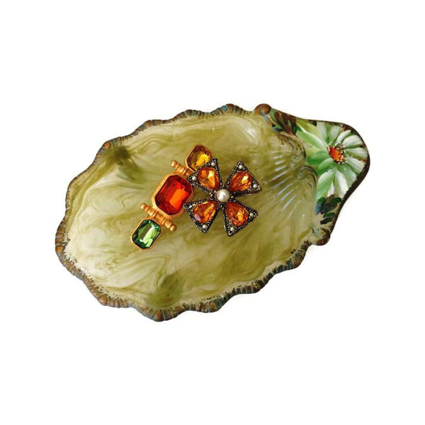 Vintage ladies dresser decor, green plastic jewelry tray (c 1920s) - Selective Salvage