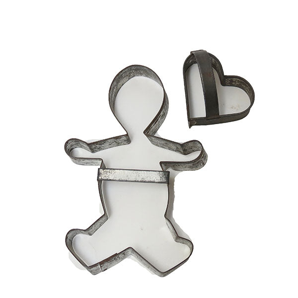 Two antique open tin cookie cutters, gingerbread man and heart shapes (c 1900) - Selective Salvage
