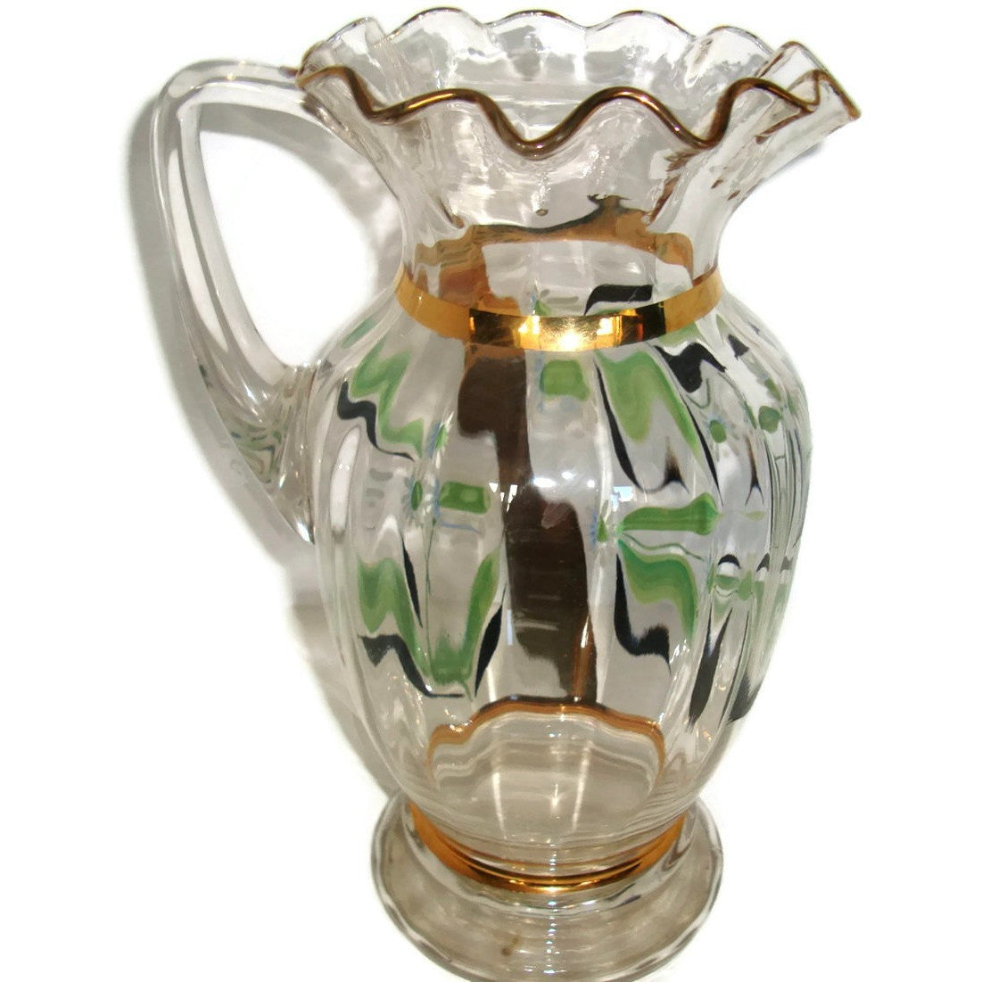 Antique fluted lip hand painted glass pitcher, fluted lip, cottage