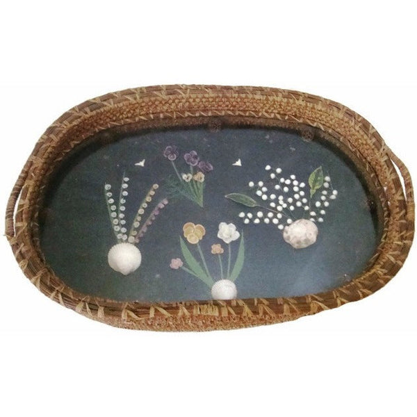 Vintage serving basket, folk art floral shell diorama under glass (c 1930s) - Selective Salvage