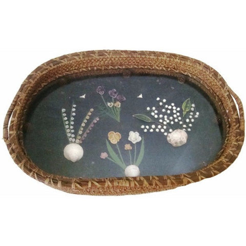 Vintage serving basket, folk art floral shell diorama under glass (c 1930s) - Selective Salvage