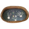Vintage serving basket, folk art floral shell diorama under glass (c 1930s) - Selective Salvage