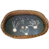 Vintage serving basket, folk art floral shell diorama under glass (c 1930s) - Selective Salvage