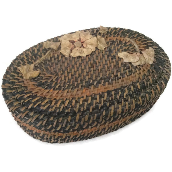 Vintage wicker sewing basket with applied design (c 1930s) - Selective Salvage