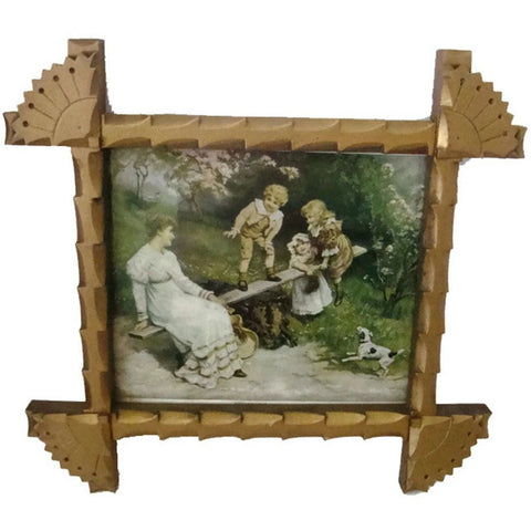Antique folk art frame containing "Mother Love" print, hand carved  (c 1900s) - Selective Salvage