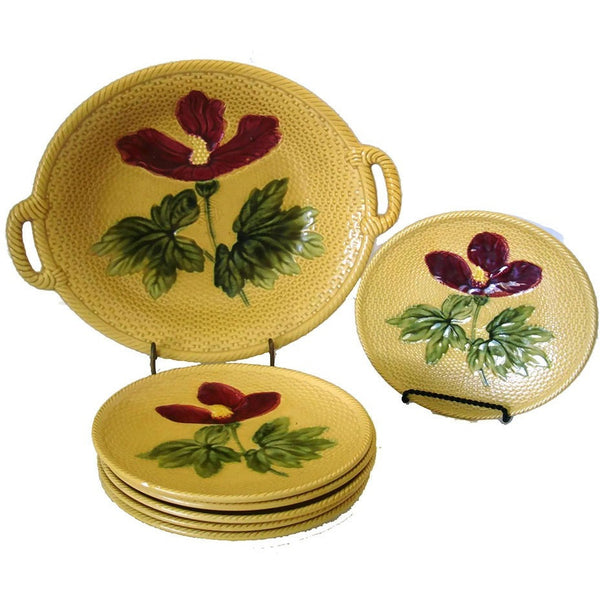 Antique Zell Hibiscus Majolica salad bowl & six plates, lemon yellow (c 1900s) - Selective Salvage