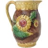 Antique Majolica water pitcher, stylized sunflower pattern, pink interior (c 1800s) - Selective Salvage