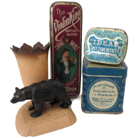 Vintage smalls, celluloid bear tooth pick holder & 3 tins, 1920's - Selective Salvage