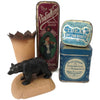 Vintage smalls, celluloid bear tooth pick holder & 3 tins, 1920's - Selective Salvage