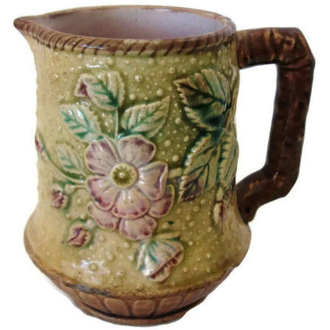 Antique Majolica cream pitcher, dogwood floral motif (c 1800s) - Selective Salvage