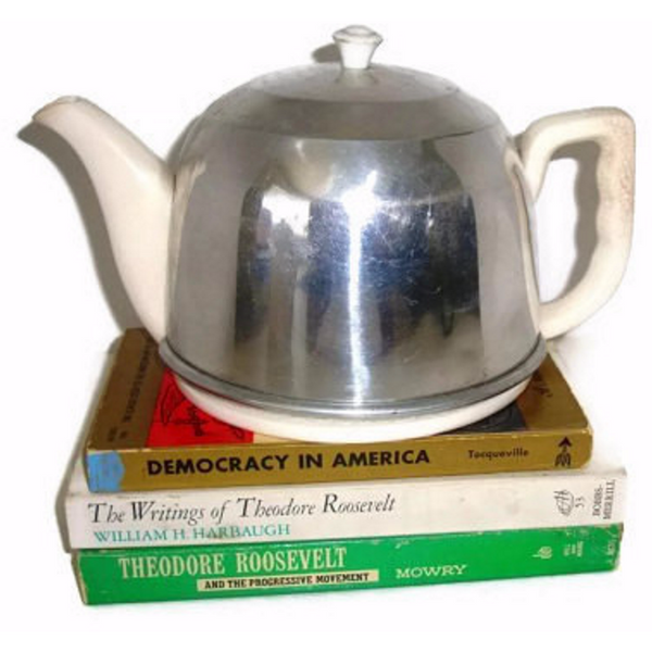 Vintage ceramic tea pot with aluminum "cozy" cover (c 1940s) - Selective Salvage
