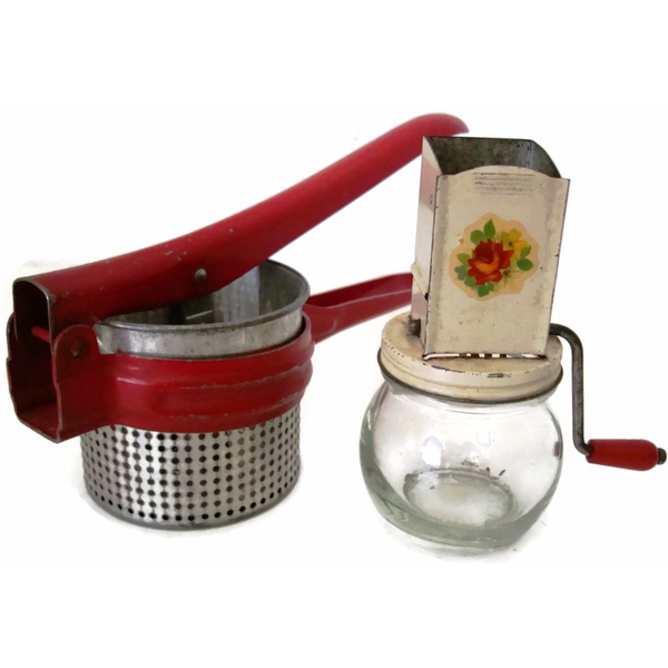 Vintage kitchen utensils, red potato ricer and nut grinder (c 1940s) - Selective Salvage