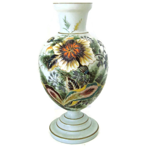 Antique Victorian milk glass vase, hand painted sunflower design (c 1900s) - Selective Salvage