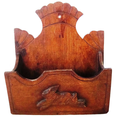 Antique folk art wall box, hand carved rabbit detail (c 1900s) - Selective Salvage